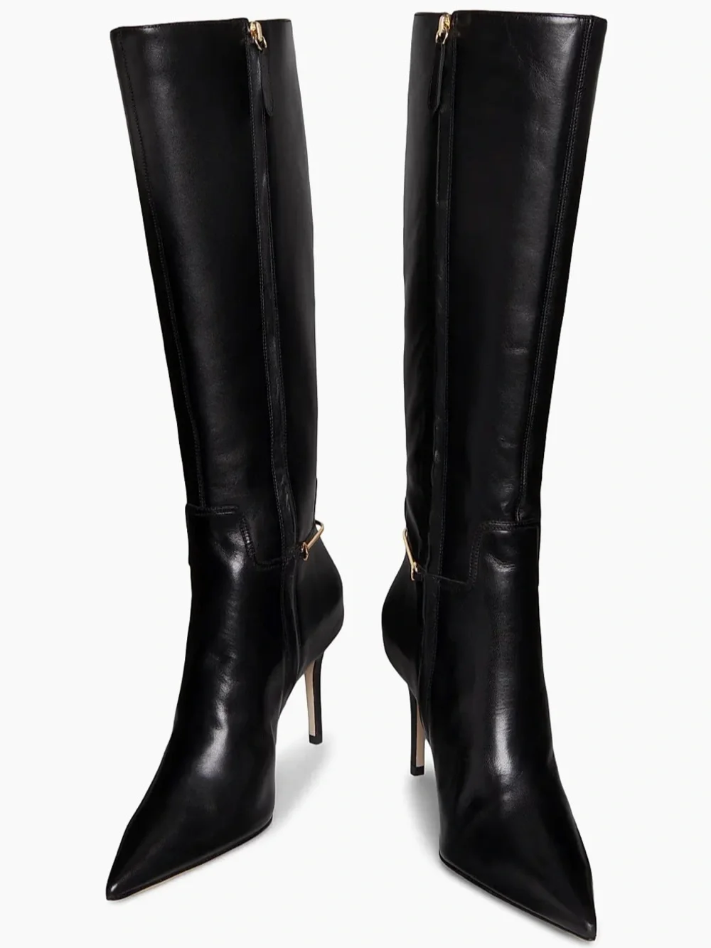 Women’s Black Knee-High Stiletto Boot with Gold Hardware